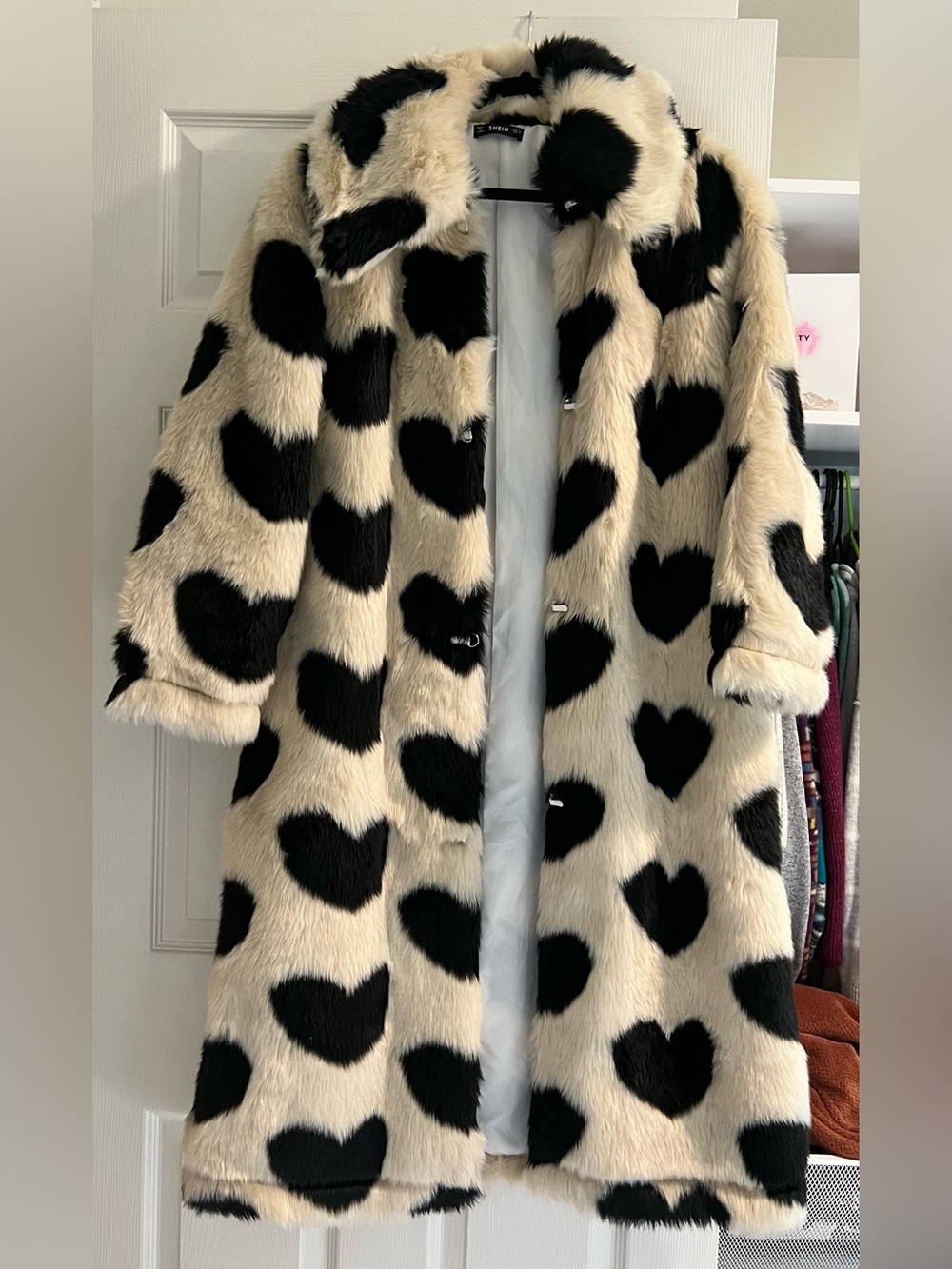 RARE SHEIN Cream Faux Fur Pea Coat with Black Heart Print shrimps style